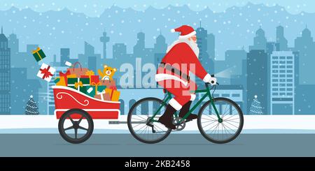 Le Père Noël écologique qui offre des cadeaux de Noël, il est à vélo avec une remorque dans la rue de la ville Illustration de Vecteur