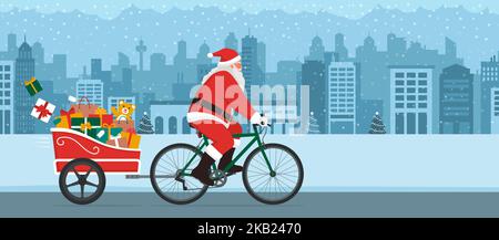 Le Père Noël écologique qui offre des cadeaux de Noël, il est à vélo avec une remorque dans la rue de la ville Illustration de Vecteur