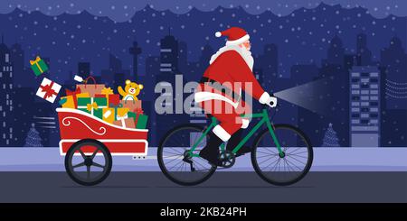 Le Père Noël écologique qui offre des cadeaux de Noël, il est à vélo avec une remorque dans la rue de la ville Illustration de Vecteur