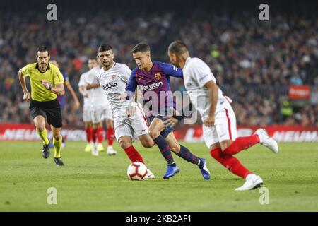 Milieu de terrain du FC Barcelone Philippe Coutinho (7) pendant le match FC Barcelone contre le FC Séville, pour la ronde 9 de la Liga Santander, joué au Camp Nou le 20th octobre 2018 à Barcelone, Espagne. (Photo de Mikel Trigueros/Urbanandsport/NurPhoto) Banque D'Images