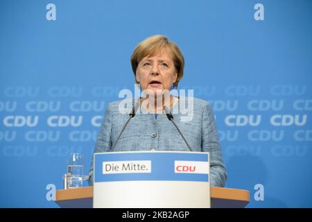 La chancelière allemande Angela Merkel est photographiée lors d'une conférence de presse à Konrad-Adenauer-Haus à Berlin, en Allemagne, sur 21 octobre 2018. (Photo par Emmanuele Contini/NurPhoto) Banque D'Images