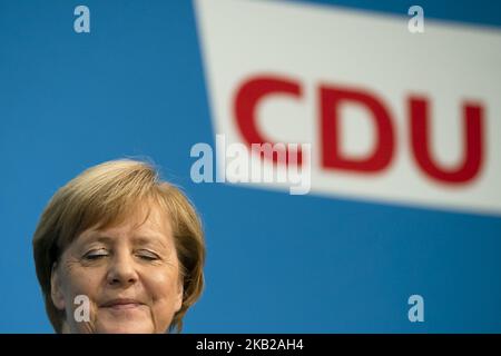 La chancelière allemande Angela Merkel est photographiée lors d'une conférence de presse à Konrad-Adenauer-Haus à Berlin, en Allemagne, sur 21 octobre 2018. (Photo par Emmanuele Contini/NurPhoto) Banque D'Images