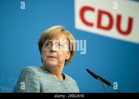 La chancelière allemande Angela Merkel est photographiée lors d'une conférence de presse à Konrad-Adenauer-Haus à Berlin, en Allemagne, sur 21 octobre 2018. (Photo par Emmanuele Contini/NurPhoto) Banque D'Images