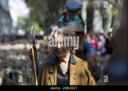 Manuela Carmena, Maire de Madrid pendant la marche réalisée par les moutons à travers le centre de Madrid. Les bergers ont guidé des moutons dans les rues de Madrid pendant le festival de transhumance, qui est « une façon ancestrale de profiter des ressources naturelles favorisant le bien-être des animaux des chalets et de rechercher les régions avec les meilleurs pâturages de chaque saison ». Madrid 21 octobre 2018 à Madrid, Espagne. (Photo de Patricio Realpe/ChakanaNews/PRESSOUTH/NurPhoto) Banque D'Images