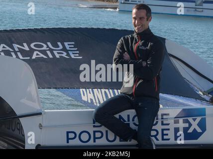 Armel le cléac'h pose sur la Maxi Solo Banque populaire IX pendant la route du Rhum 2018, sur 30 octobre, à Saint Malo, France, avant la course de voile de la route du Rhum pour commencer sur 4 novembre 2018. Le 4 novembre, 124 skippers débuteront cette course transatlantique divisée en six catégories : Ultimate, Multi50, IMOCA, Class40, Multi Rum et Mono Rum. (Photo par Estelle Ruiz/NurPhoto) Banque D'Images