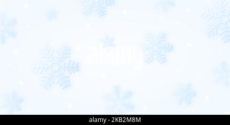 Affiche de Noël avec des flocons de neige tombant en hiver et des lumières de bokeh sur fond bleu clair. Magnifique flocon brillant de 3D flocons de neige. Modèle horizontal Illustration de Vecteur