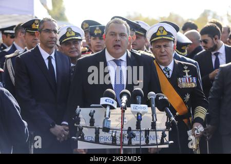 Panos Kammenos à Thessalonique lors du défilé militaire du 28th octobre 2018, la 'journée Oxi' qui commémore le rejet de la Grèce de l'ultimatum fait par le dictateur italien Benito Mussolini en 1940. Panos Kammenos est le ministre de la Défense nationale de Grèce et fondateur du parti de droite indépendant Grecs. (Photo de Nicolas Economou/NurPhoto) Banque D'Images