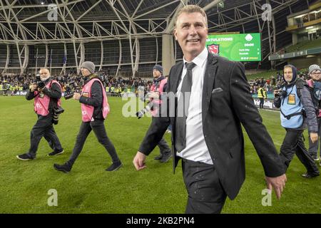 Stephen Kenny, directeur de Dundalk, célèbre lors de la finale de la coupe de la FAI du quotidien irlandais entre le Cork City FC et le Dundalk FC au stade Aviva de Dublin, en Irlande, sur 4 novembre 2018 (photo d'Andrew Surma/NurPhoto) Banque D'Images