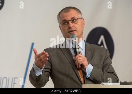 Didier Katzenmayer lors de la première édition des rencontres régionales de l'industrie aéronautique et spatiale à l'Hôtel régional Auvergne Rhône-Alpes à Lyon, France, sur 5 novembre 2018. Didier Katzenmayer, Directeur des affaires industrielles chez Airbus Operations SAS, Jean Dominique Sénard, Président de Michelin, Eric trappier, Président Directeur général de Dassault Aviation et Président de GIFAS, et Laurent Wauquiez, Président de la région Auvergne-Rhône-Alpes, ont participé à l'événement. (Photo de Nicolas Liponne/NurPhoto) Banque D'Images