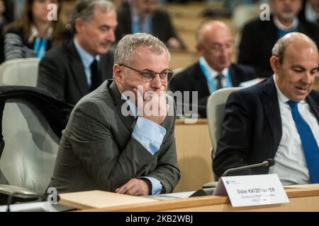 Didier Katzenmayer lors de la première édition des rencontres régionales de l'industrie aéronautique et spatiale à l'Hôtel régional Auvergne Rhône-Alpes à Lyon, France, sur 5 novembre 2018. Didier Katzenmayer, Directeur des affaires industrielles chez Airbus Operations SAS, Jean Dominique Sénard, Président de Michelin, Eric trappier, Président Directeur général de Dassault Aviation et Président de GIFAS, et Laurent Wauquiez, Président de la région Auvergne-Rhône-Alpes, ont participé à l'événement. (Photo de Nicolas Liponne/NurPhoto) Banque D'Images