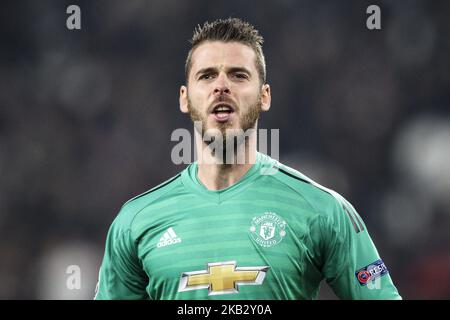 David de Gea, gardien de but de Manchester United (1) lors du match de football de l'UEFA Champions League Group Stage n.4 JUVENTUS - MANCHESTER UNITED le 07/11/2018 au stade Allianz de Turin, Italie. (Photo de Matteo Bottanelli/NurPhoto) Banque D'Images