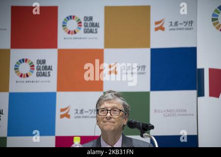 Bill Gates, co-président de la Fondation Bill & Melinda Gates, prononce un discours lors d'une conférence de presse à Tokyo, au Japon, le 09 novembre 2018. L'Agence japonaise du sport et la Fondation Bill et Melinda Gates ont annoncé un nouveau partenariat pour tirer parti de l'élan des Jeux olympiques et paralympiques de Tokyo 2020 afin d'accroître la sensibilisation aux objectifs de développement durable (ODD) avec le lancement de la campagne « nos objectifs mondiaux » en 2019. (Photo par Alessandro Di Ciommo/NurPhoto) Banque D'Images