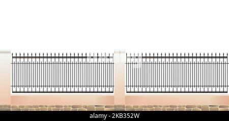 Clôture en fer forgé avec piliers en briques plâtrés et fondation en pierre. Conception horizontale sans couture. Isolé sur fond blanc vecteur. Illustration de Vecteur