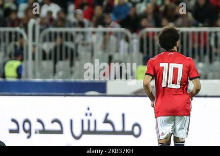 Egypts Mohamed Salah réagit lors du match de qualification de la coupe d'Afrique des Nations entre l'Egypte et Tunis au stade Borg AlaArab à Alexandrie, Egytp, le 16 novembre 2018. (Photo d'Ahmed Awaad/NurPhoto) Banque D'Images