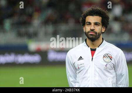 Egypts Mohamed Salah réagit lors du match de qualification de la coupe d'Afrique des Nations entre l'Egypte et Tunis au stade Borg AlaArab à Alexandrie, Egytp, le 16 novembre 2018. (Photo d'Ahmed Awaad/NurPhoto) Banque D'Images