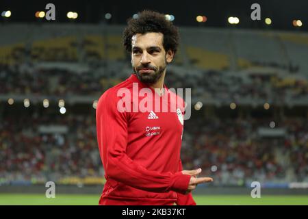 Egypts Mohamed salah réagit lors du match qualifiant de la coupe d'Afrique des Nations entre l'Egypte et Tunis dans le stade Borg Alaarabe à Alexandrie, Egypte, le 16 novembre 2018. Egypts a battu tunis 3-2. (Photo d'Ahmed Awaad/NurPhoto) Banque D'Images