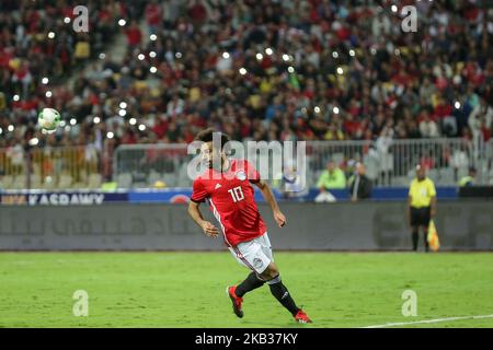 Egypts Mohamed Salah réagit lors du match de qualification de la coupe d'Afrique des Nations entre l'Egypte et Tunis au stade Borg AlaArab à Alexandrie, Egytp, le 16 novembre 2018. (Photo d'Ahmed Awaad/NurPhoto) Banque D'Images