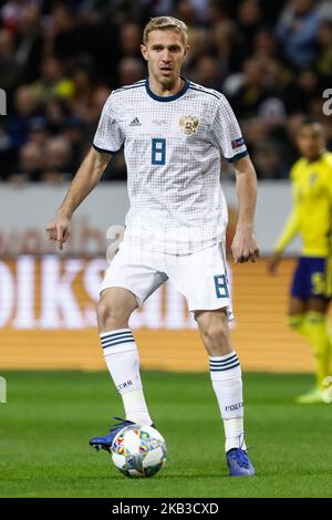 Yury Gazinsky, de Russie, en action lors du match du groupe 2 de la Ligue des Nations de l'UEFA entre la Suède et la Russie sur 20 novembre 2018 à l'arène Friends de Stockholm, en Suède. (Photo de Mike Kireev/NurPhoto) Banque D'Images