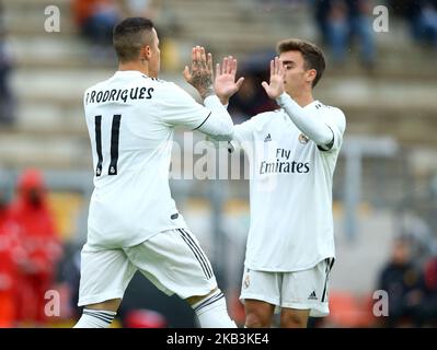 AS Roma - FC Real Madrid : le groupe G Rodrigo de la Ligue des jeunes de l'UEFA et Alberto du Real Madrid célèbrent au stade Tre Fontane de Rome, en Italie, sur 27 novembre 2018. (Photo de Matteo Ciambelli/NurPhoto) Banque D'Images