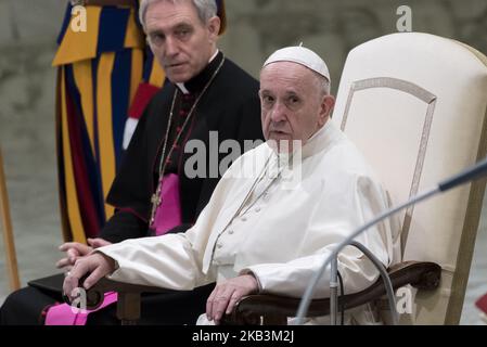 Le pape François lors de son audience générale dans la salle Paul VI du Vatican, le mercredi 28 novembre 2018. (Photo de Massimo Valicchia/NurPhoto) Banque D'Images