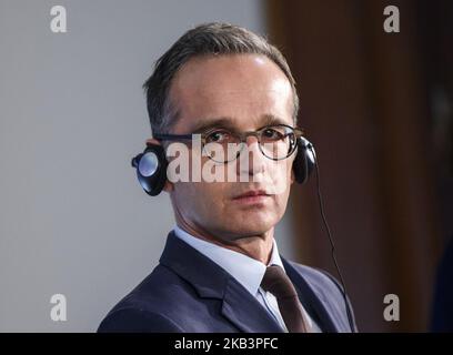 Le ministre allemand des Affaires étrangères Heiko Maas s'exprime lors d'une conférence de presse conjointe avec le Premier ministre ukrainien, Volodymyr Groysman (invisible), au Bureau fédéral allemand des Affaires étrangères, à Berlin, en Allemagne, du 29 au 22 novembre 2018. (Photo de Maxym Marusenko/NurPhoto) Banque D'Images