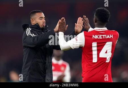 Gabriel Jesus (à gauche) et Eddie Nketiah d'Arsenal célèbrent la victoire après le match de l'UEFA Europa League Group A au stade Emirates, Londres. Date de la photo: Jeudi 3 novembre 2022. Banque D'Images