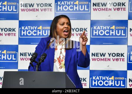 New York, NY, le 3 novembre 2022. Letitia James, procureur général de New York, s'exprime lors d'un événement avec le vice-président Kamala Harris et la gouverneure Kathy Hochul au Barnard College de New York, NY, le 3 novembre 2022. (Photo par Anthony Behar/Pool/ABACAPRESS.COM) Banque D'Images