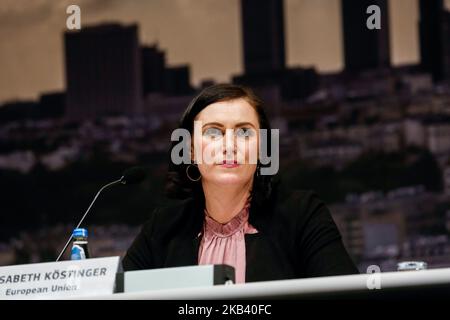 Elisabeth Köstinger, ministre autrichienne du développement durable et du tourisme lors de la conférence de presse de la Conférence des Nations Unies sur le climat COP24 à Katowice, en Pologne, en 10 décembre 2018. COP24 rassemble les parties à la Convention-cadre des Nations Unies sur les changements climatiques (CCNUCC). (Photo par Dominika Zarzycka/NurPhoto) Banque D'Images