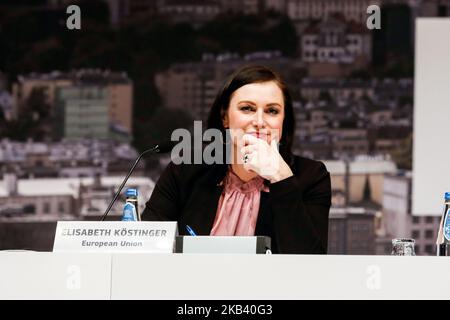 Elisabeth Köstinger, ministre autrichienne du développement durable et du tourisme lors de la conférence de presse de la Conférence des Nations Unies sur le climat COP24 à Katowice, en Pologne, en 10 décembre 2018. COP24 rassemble les parties à la Convention-cadre des Nations Unies sur les changements climatiques (CCNUCC). (Photo par Dominika Zarzycka/NurPhoto) Banque D'Images