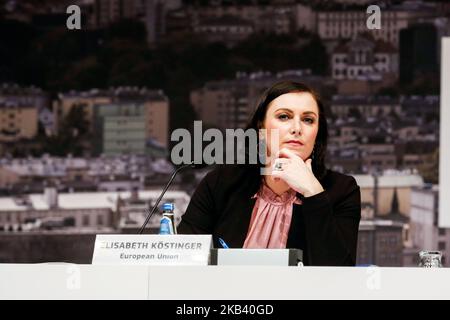 Elisabeth Köstinger, ministre autrichienne du développement durable et du tourisme lors de la conférence de presse de la Conférence des Nations Unies sur le climat COP24 à Katowice, en Pologne, en 10 décembre 2018. COP24 rassemble les parties à la Convention-cadre des Nations Unies sur les changements climatiques (CCNUCC). (Photo par Dominika Zarzycka/NurPhoto) Banque D'Images