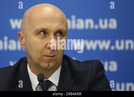 Directeur de « NAFTA R.V. » Lubomir Kopcik est vu lors de la conférence de presse à Kiev, Ukraine, 18 décembre 2018. La société pétrolière et gazière ALENA prendra en charge le développement du champ de Yuzivske d'ici la fin de 2019. (Photo par Sergii Kharchenko/NurPhoto) Banque D'Images