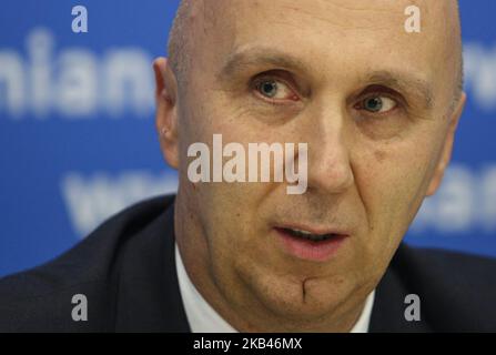 Directeur de « NAFTA R.V. » Lubomir Kopcik est vu lors de la conférence de presse à Kiev, Ukraine, 18 décembre 2018. La société pétrolière et gazière ALENA prendra en charge le développement du champ de Yuzivske d'ici la fin de 2019. (Photo par Sergii Kharchenko/NurPhoto) Banque D'Images