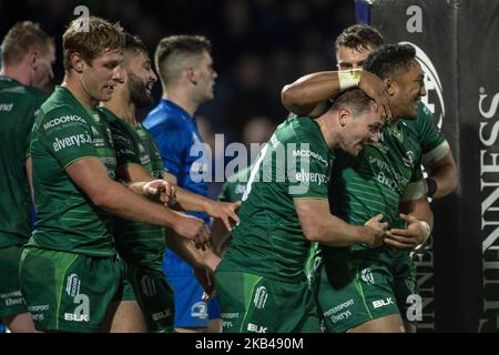Les joueurs du Connacht célèbrent le score de Jack Carty lors du match de rugby Guinness PRO14 entre le rugby Leinster et le rugby Connacht au RDS Arena de Dublin, Irlande sur 22 décembre 2018 (photo d'Andrew Surma/NurPhoto) Banque D'Images