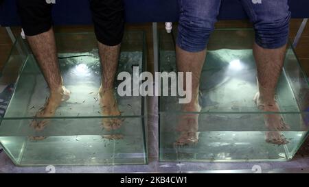 Les Palestiniens trempent leurs pieds dans un réservoir rempli de poissons dans un café de la ville de Gaza, en Palestine, sur 3 janvier 2019. Le chauffeur de café de Gaza a déclaré que son entreprise était en plein essor après le lancement du service de pédicure pour poissons dans la bande de Gaza assiégée. Une session de 30 minutes coûte environ $8 -- une somme énorme dans l'enclave côtière appauvrie. Mais des dizaines de personnes sont prêtes à payer le prix d'une fuite temporaire des conditions de vie difficiles à Gaza. (Photo de Majdi Fathi/NurPhoto) Banque D'Images