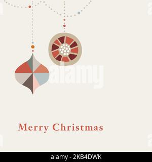 Carte de vœux de Noël, invitation avec guirlande décorative de boules de Noël, ornements isolés sur fond beige. Design moderne scandinave rétro Illustration de Vecteur
