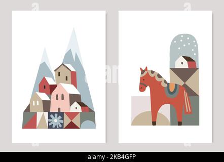 Cartes de vœux de Noël rétro, ensemble d'invitations. Paysage d'hiver avec montagnes et maisons colorées, village. Cheval de dala suédois avec neige. Résumé Illustration de Vecteur