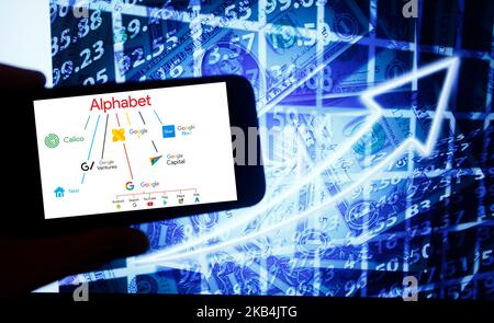 Le logo des entreprises Alphabet Calico, Google X, Google fibre, Google Ventures, Google Capital, Nest, Google, Android, recherche, Youtube, Jouer, cartes, annonces est vu sur un écran de smartphone à côté d'un écran avec une illustration de la bourse. L'alphabet est listé dans Nasdaq. Le Nasdaq est la deuxième plus grande bourse au monde après la Bourse de New York. Alphabet est la société chef de Google. (Photo par Alexander Pohl/NurPhoto) Banque D'Images