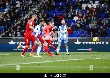 Real Madrid CF Forward Gareth Bale (11) but action pendant le match RCD Espanyol contre Real Madrid CF, pour la ronde 21 de la Liga Santander, joué au stade RCD Espanyol le 27th janvier 2018 à Barcelone, Espagne. (Photo de Mikel Trigueros/Urbanandsport/NurPhoto) Banque D'Images