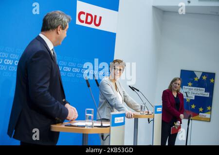 La présidente de la CDU, Annegret Kramp-Karrenbauer, et le Premier ministre bavarois et président de la CSU, Markus Soeder, tiennent une conférence de presse après une réunion à Konrad-Adenauer-Haus à Berlin sur 29 janvier 2019. (Photo par Emmanuele Contini/NurPhoto) Banque D'Images