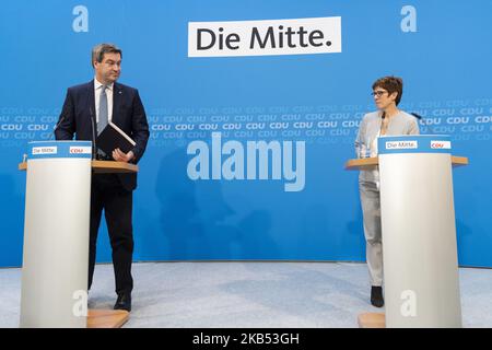 La présidente de la CDU, Annegret Kramp-Karrenbauer, et le Premier ministre bavarois et président de la CSU, Markus Soeder, tiennent une conférence de presse après une réunion à Konrad-Adenauer-Haus à Berlin sur 29 janvier 2019. (Photo par Emmanuele Contini/NurPhoto) Banque D'Images