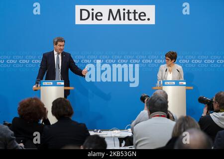 La présidente de la CDU, Annegret Kramp-Karrenbauer, et le Premier ministre bavarois et président de la CSU, Markus Soeder, tiennent une conférence de presse après une réunion à Konrad-Adenauer-Haus à Berlin sur 29 janvier 2019. (Photo par Emmanuele Contini/NurPhoto) Banque D'Images