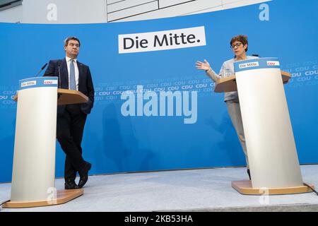 La présidente de la CDU, Annegret Kramp-Karrenbauer, et le Premier ministre bavarois et président de la CSU, Markus Soeder, tiennent une conférence de presse après une réunion à Konrad-Adenauer-Haus à Berlin sur 29 janvier 2019. (Photo par Emmanuele Contini/NurPhoto) Banque D'Images