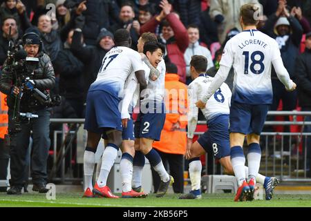 Tottenham Forward son Heung-min célèbre son but avec l'équipe lors du match de la Premier League entre Tottenham Hotspur et Newcastle United à Wembley à Londres, Royaume-Uni, samedi 2 février 2019. (Photo par MI News/NurPhoto) Banque D'Images