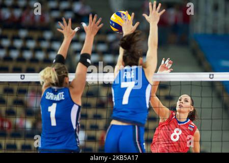 Indre Sorokaite (ITA),Raphaela Folie (ITA),Nataliya Goncharova (RUS) lors du championnat d'Europe de volley-ball féminin, quart de finale entre l'Italie et la Russie le 4 septembre 2019 à Lodz, Pologne. (Photo par Foto Olimpik/NurPhoto) Banque D'Images