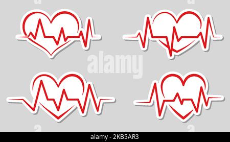 Kit plat d'autocollant médical cœur rouge PULSE. Fréquence cardiaque soins hospitaliers. Électrocardiogramme graphique de rythme. Arrière-plan gris isolé. Symbole d'amour de la santé. Diagnostic de la vie technologique. Logo Frequency Illustration de Vecteur