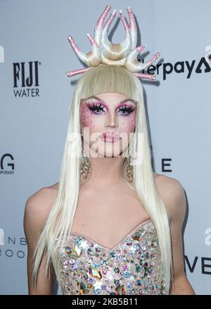 MANHATTAN, NEW YORK CITY, NEW YORK, États-Unis - SEPTEMBRE 05 : la reine Drag Aquaria portant les blondes arrive aux Fashion Media Awards 2019 du Daily Front Row, qui se tiennent à la salle Rainbow du Rockefeller Center de 5 septembre 2019 à Manhattan, New York, États-Unis. (Photo par Xavier Collin/image Press Agency/NurPhoto) Banque D'Images