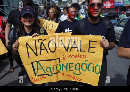 Les manifestants protestent avec des drapeaux contre le gouvernement du président Jair Bolsonaro, la réduction du budget national de l'éducation, la réforme des retraites et les incendies dans la forêt amazonienne pendant la commémoration du jour de l'indépendance du Brésil, à 7 septembre 2019, dans la ville de Cariacica, dans l'État d'Espirito Santo, au Brésil. (Photo de Gilson Borba/NurPhoto) Banque D'Images