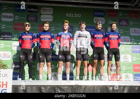 Team WIGGINS le Col avant la phase 2 de l'OVO Energy Tour de Grande-Bretagne 16th, la scène dure 165,9km avec une altitude de 1380 mètres et commence et se termine à Kelso le 8 septembre 2019 à Kelso, aux frontières écossaises, au Royaume-Uni. (Photo par Ewan Bootman/NurPhoto) Banque D'Images