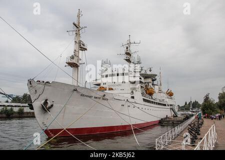 Roscosmos State Corporation for Space Activities le navire de recherche scientifique Kosmonavt Viktor Patsaev (Kosmonavt Viktor Pattiev) est vu au Musée de l'Océan mondial à Kaliningrad, en Russie, le 7 septembre 2019. Kosmonavt Viktor Patsayev est le seul navire conçu pour la communication spatiale dans le monde avec une exposition de musée à bord. (Photo de Michal Fludra/NurPhoto) Banque D'Images