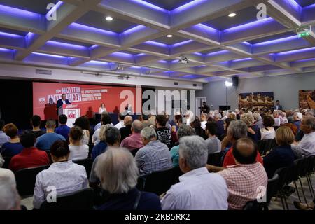 Conférence de presse du secrétaire général du parti communiste grec Dimitris Koutsoumpas, 84th TIF, à Thessalonique, Grèce, le 12 septembre 2019. (Photo par Achilleas Chiras/NurPhoto) Banque D'Images